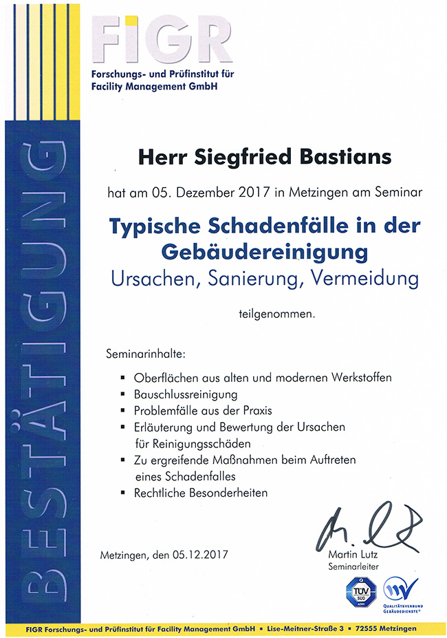 Gebauedereinigung Siegfried Bastians Zertifikate 11
