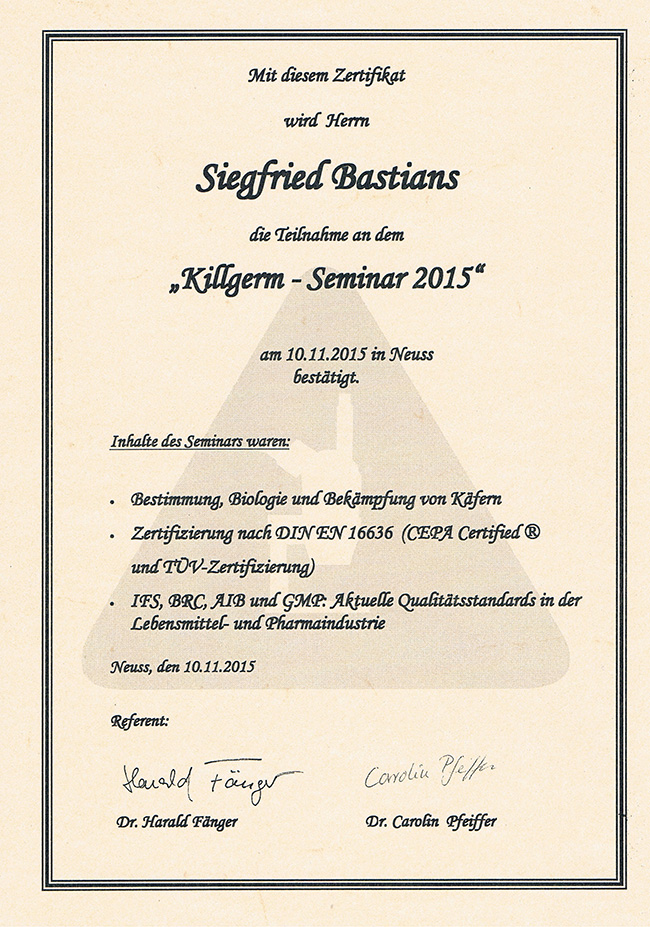 Gebauedereinigung Siegfried Bastians Zertifikate 15